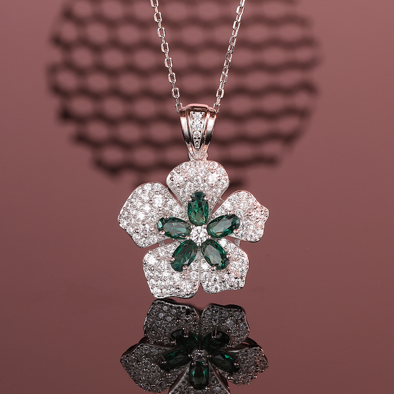 Fashionable 925 Sterling Silver Floral Necklace with Green Gemstone Pendant, Unique and Elegant Design for Women, Trendy and Versatile