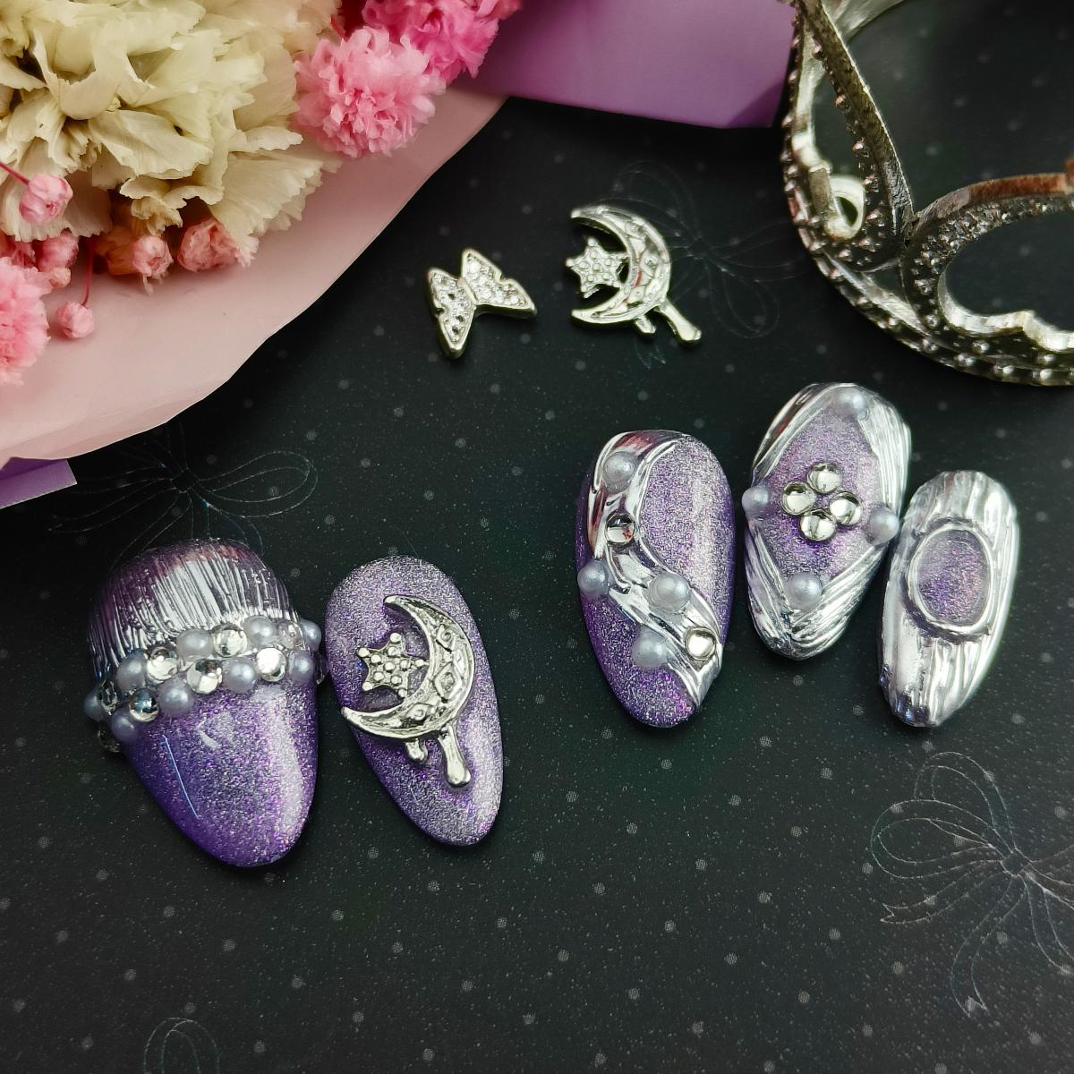 10pcs 3D Hand drawn Handmade Press-on nail Short Almond Nails Bundle 3D Moon Star Pearl Sweet Elegant Finished nail stickers Free storage box jelly gl