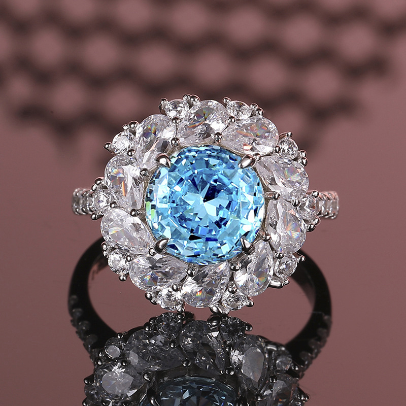S925 Sterling Silver Aqua Blue Moissanite Jewelry Set with High Carbon Diamonds, Necklace, Earrings, and Ring for Women