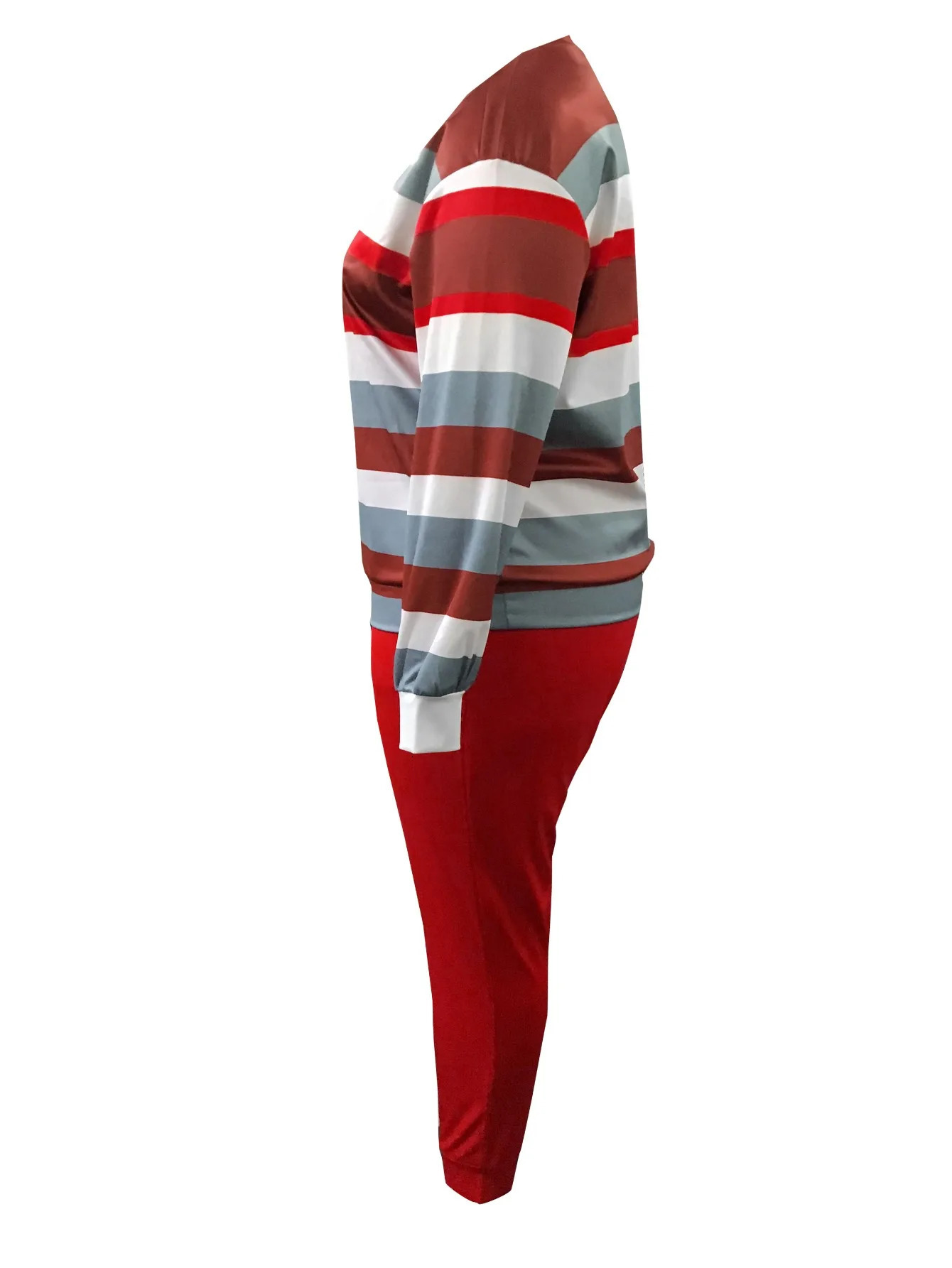 XL5XL LW Plus Size Striped Patchwork Pants Set Women Long Sleeve Legging Round Neck Casual Two Piece Outfit Tracksuit 250513Z