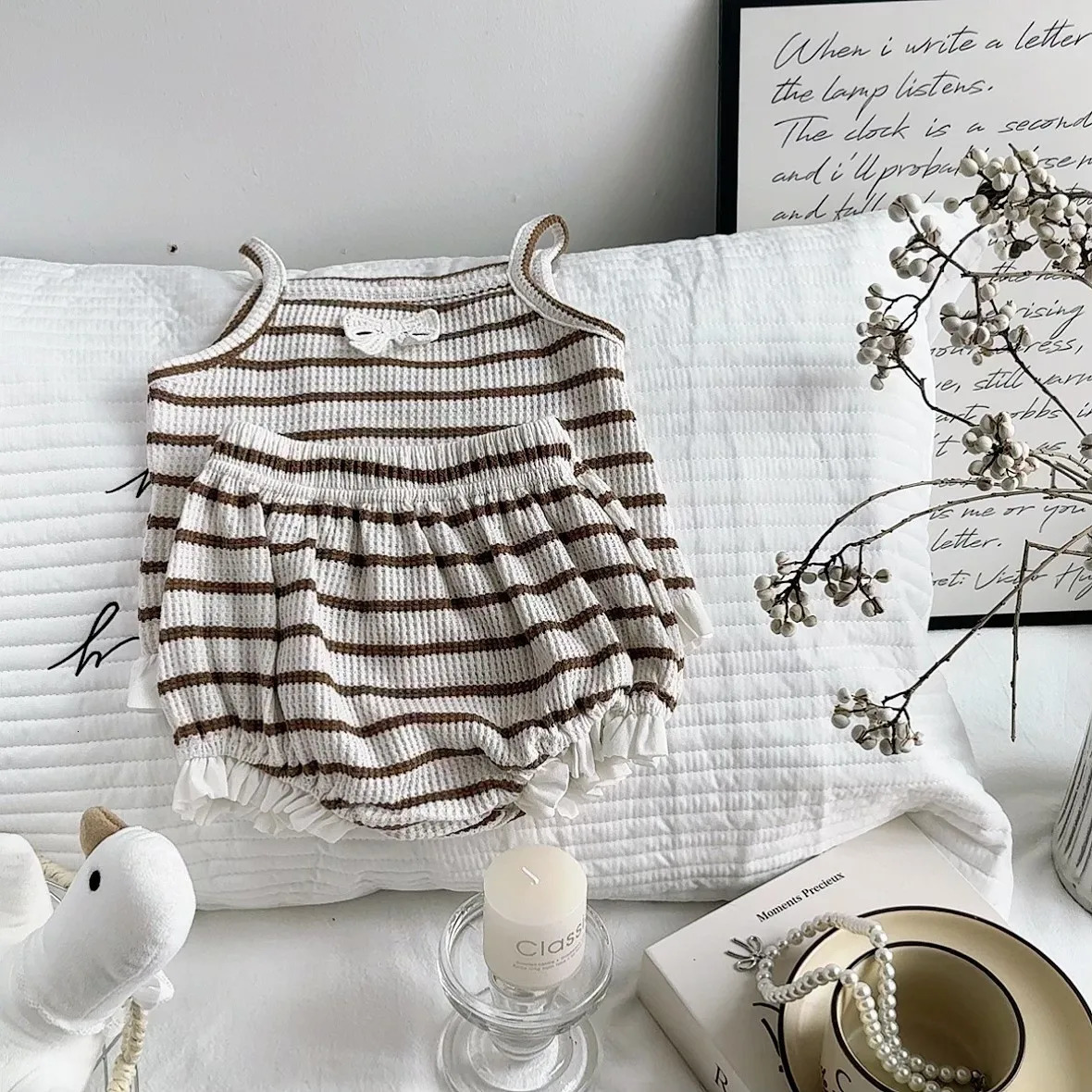 Korean version summer girls comfortable and breathable waffle classic striped fashion trend cute bow tie set 250517z