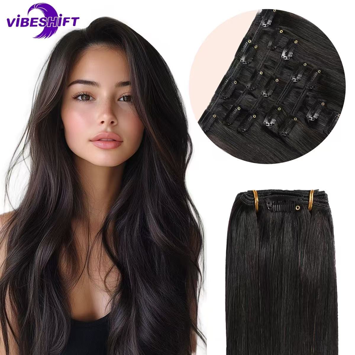 ViBESHiFT 14-20 Inch Hair Extensions Hair bundle Hair piece 100% Remy Human Hair Handmade Clip In Hair Extensions 7pcs 16 Clips Natural Styling for Women Hair Products