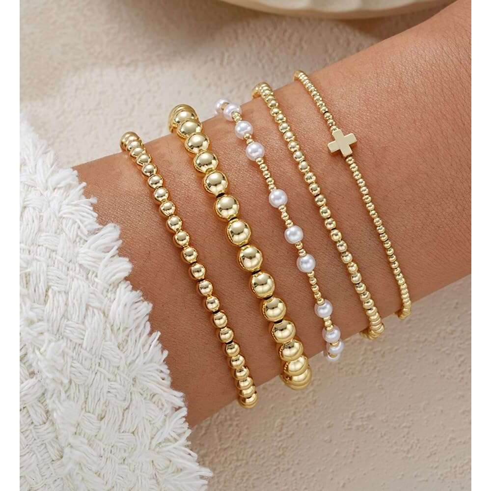 Beaded Women, 14K Real Gold Plated Jewelry Dainty Pearl Bead Bracelets Stack, Non Tarnish Trendy Stackable Ball Cross Stretch Bracelet Set Fashion Acc