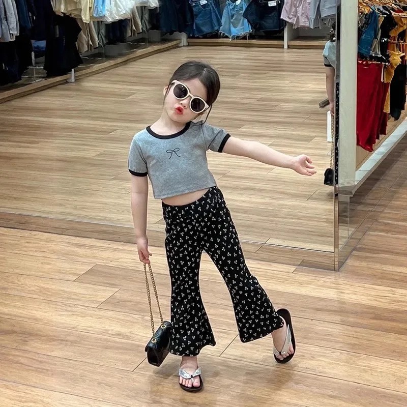 Back to School Outfits 2025 Summer Cute Bow knit Short Sleeve TShirtsPants 2Pcs Kids Sets 38Yrs Baby Girls Casual 250517z