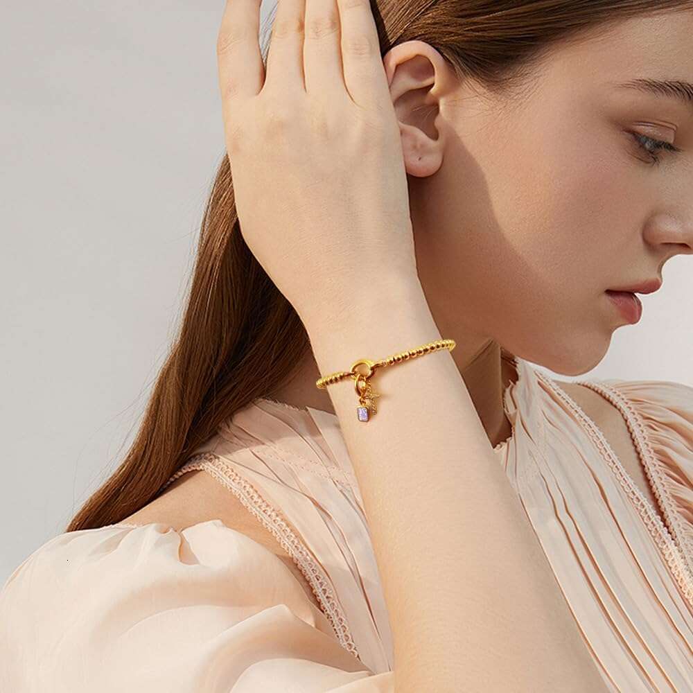 Dainty 14K Plated Cross Charm Stretchable Elastic Gold Beaded Stackable Trendy Birthstone Bracelet | Jewelry Gifts for Women