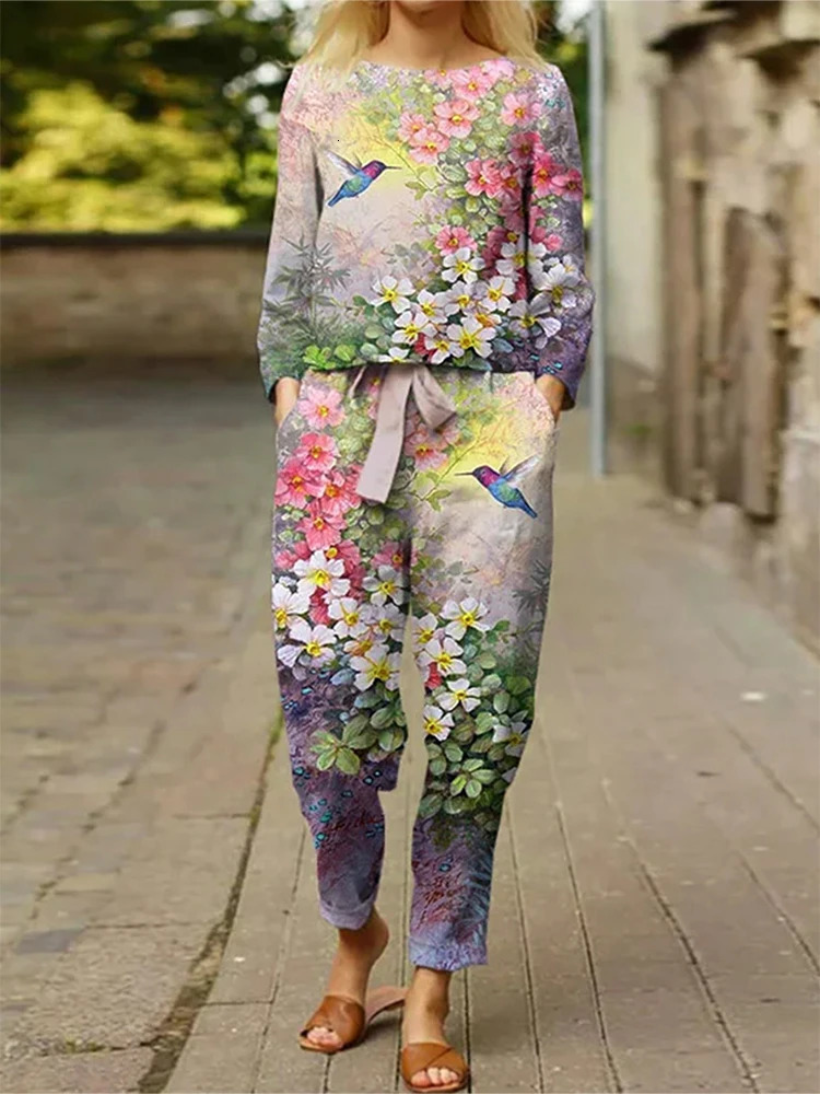 Plus Size Womens 2025 Spring Casual Suit Set Big Floral Print Long Choice in 250513Z