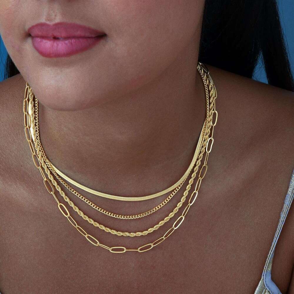 Women's gold/sier stack, 14K gold/pure sier plated simple layered necklace, stackable multi-layer pearl cross plate circular pendant Cuban herrin