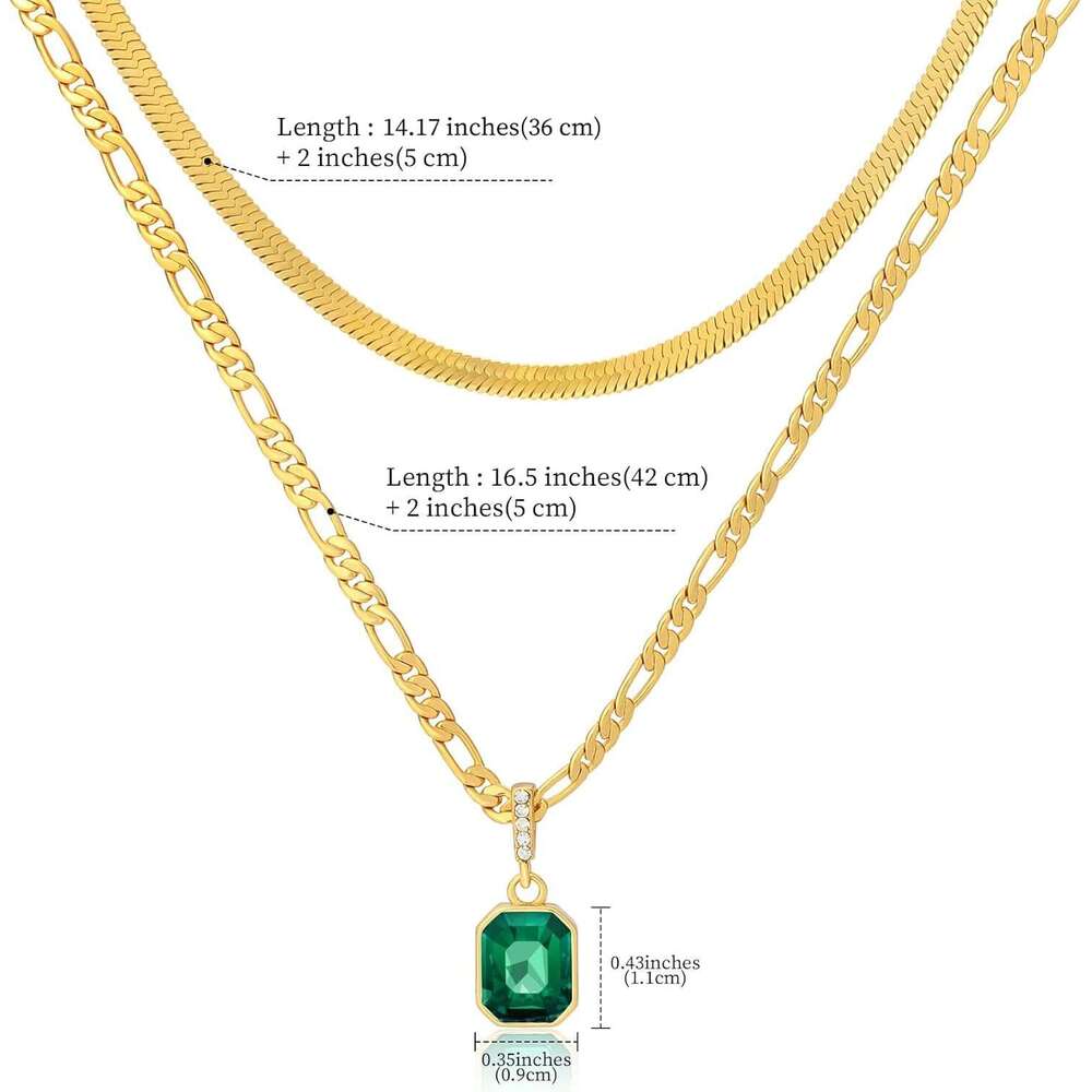 Women's gold gold-plated emerald pendant rectangular necklace, suitable for teenagers, layered necklace jewelry gift