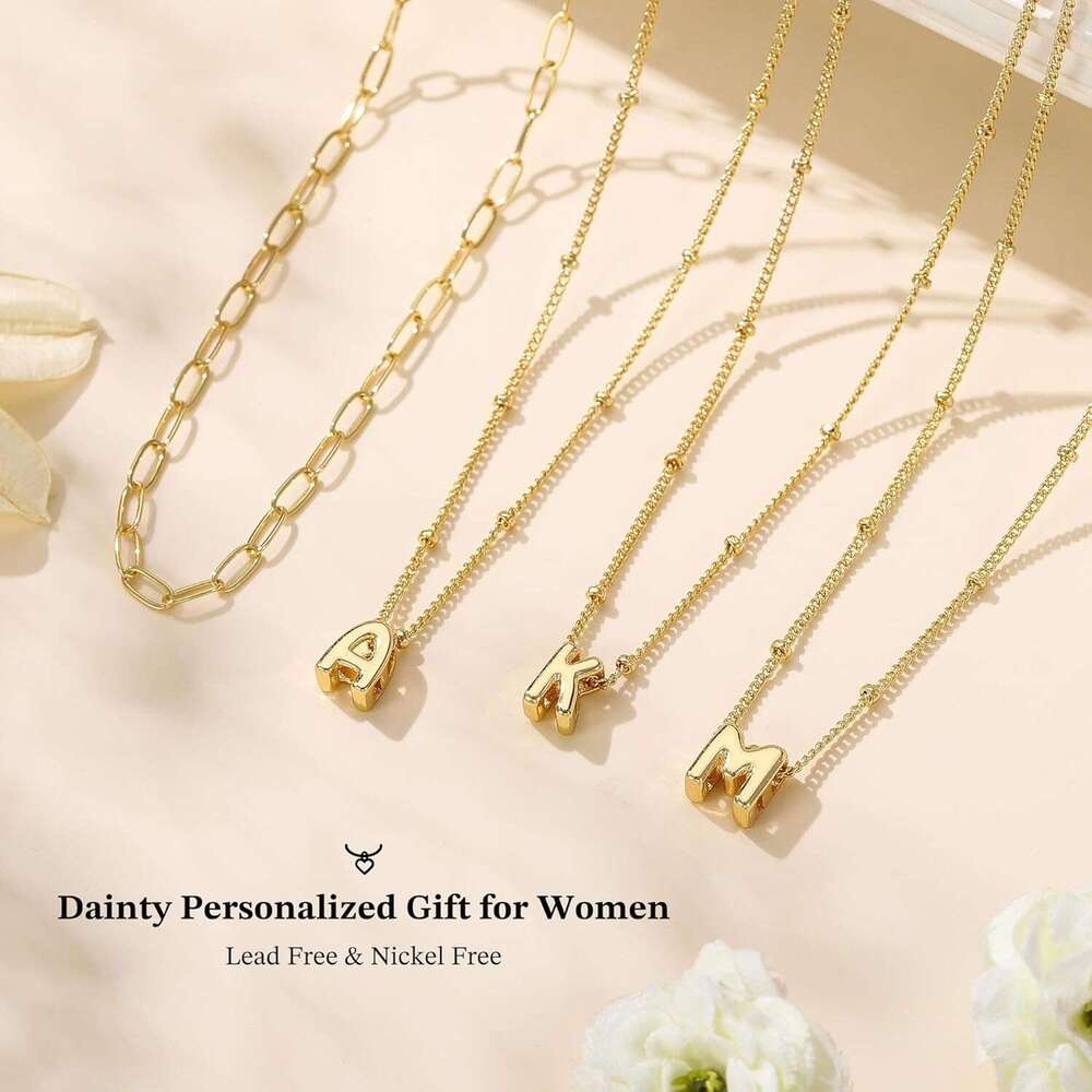Personalized Bubble - Layered Small Pendant Exquisite Initial Letter Neck Chain, Paper Clip Chain Necklace for Women, Gold Jewelry