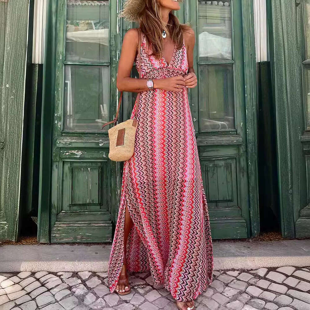 Maxi Dress Ins Women S New Summer Bohemian Printed V Neck Strap Split Dress Floral Dress