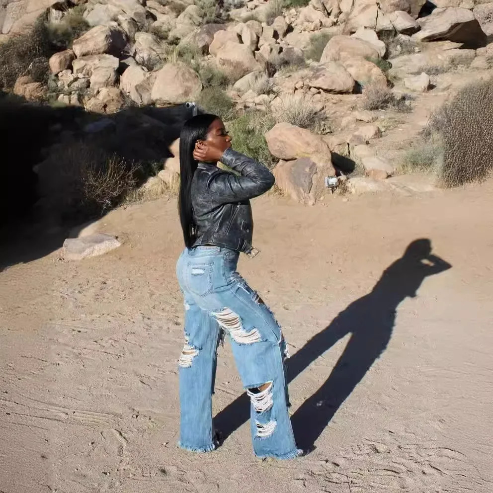 Jeans Women Long Pants Elegant Splice Denim Pant Slim Fit Sexy Hole High Waist Button Pocket Straight Trousers Summer Z260313