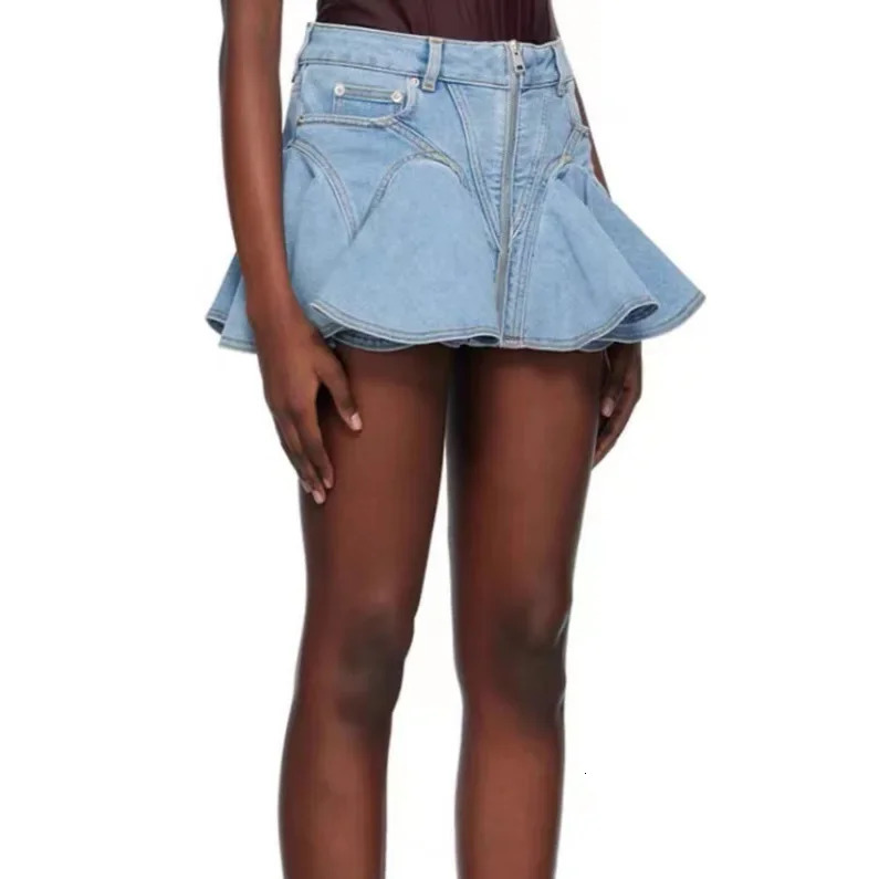 Denim Short Skirt for Women A Line High Waist Strecth Distressed Washed Zipper 2025 Mom Jeans Streetwear Ruffles Mini Skirts 250516Z