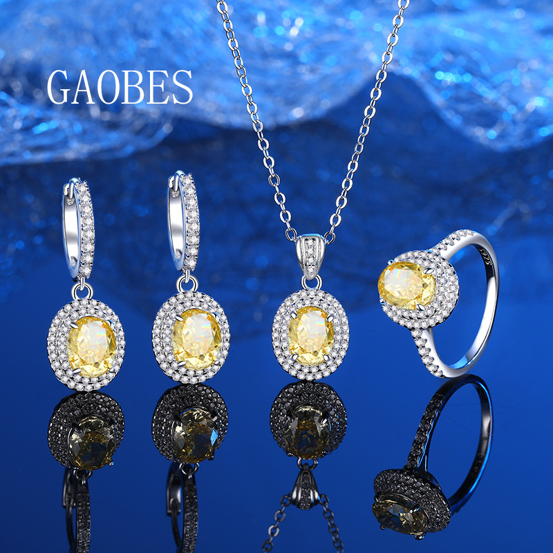 Sparkling 925 Sterling Silver Ice Flower Cut Yellow Diamond Jewelry Set with Necklace, Earrings, and Ring for Women