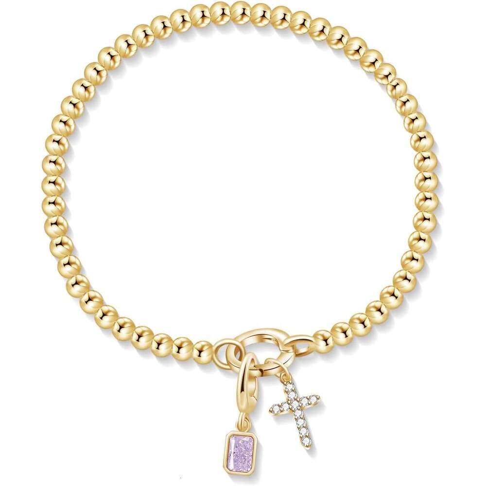 Dainty 14K Plated Cross Charm Stretchable Elastic Gold Beaded Stackable Trendy Birthstone Bracelet | Jewelry Gifts for Women