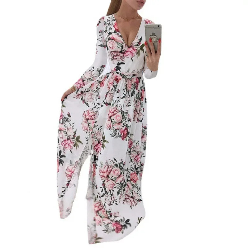 Summer Long Sleeve V-Neck Chiffon Printing Bohemian Dress For Women Independent Station Fashion 250519