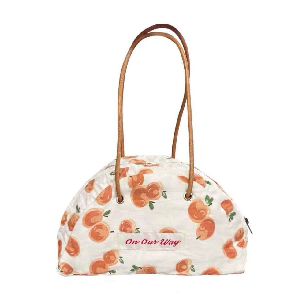 Cute Niche Half-Round Leather Strap Handbag Zipper Storage Student Denim Tote Bag