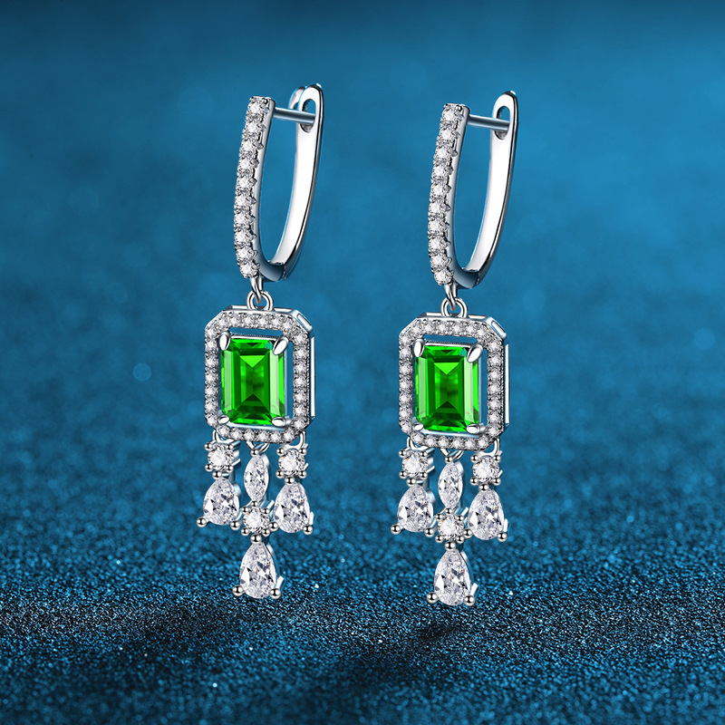 New 925 Sterling Silver Vintage Tassel Earrings with Emerald Green, Blue, and Red Classic Design, European and American Style Fashion Women's Dro