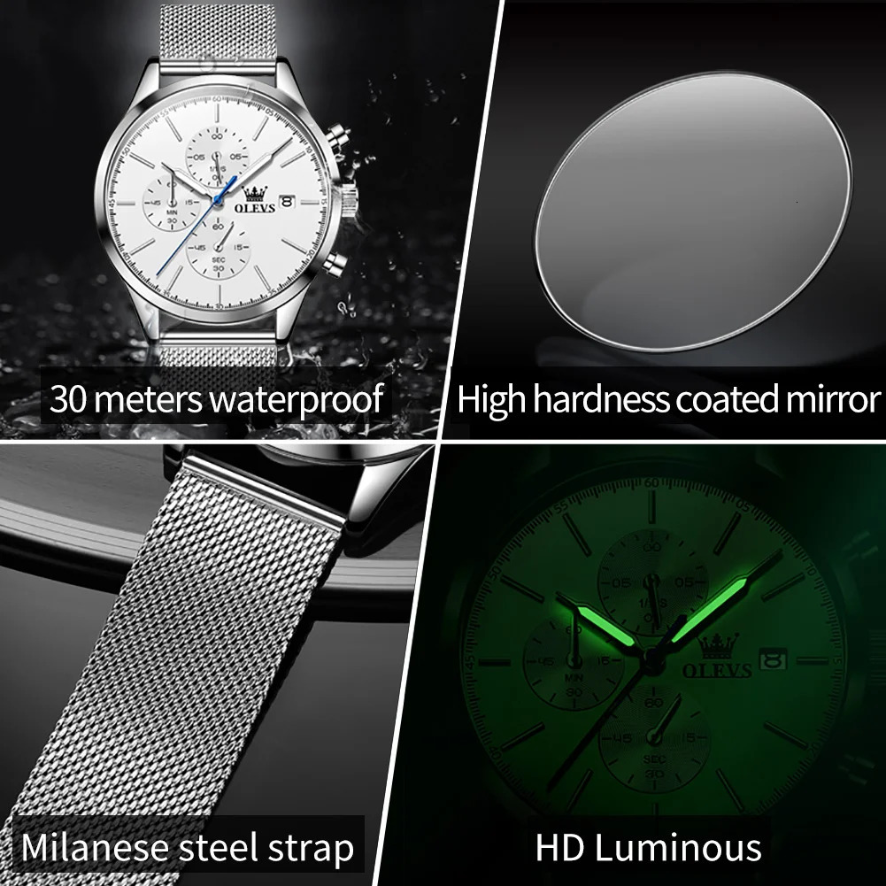 OLEVS 2881 Original Mens Watch Mesh Steel Strap Classic Small Dial Chronograph Calendar Wristwatch Quartz Watch for Man 250603