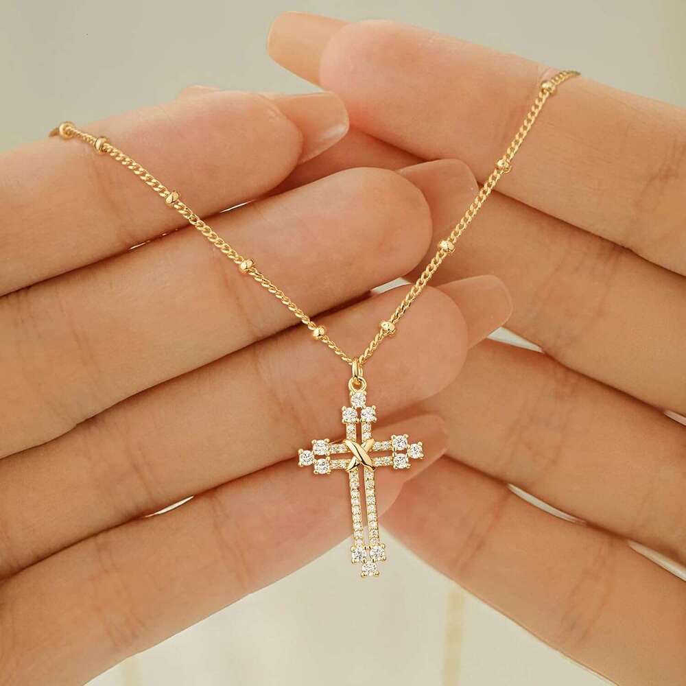 Multi layer golden women's gold-plated faith cubic zirconia cross pendant exquisite necklace prayer religious jewelry