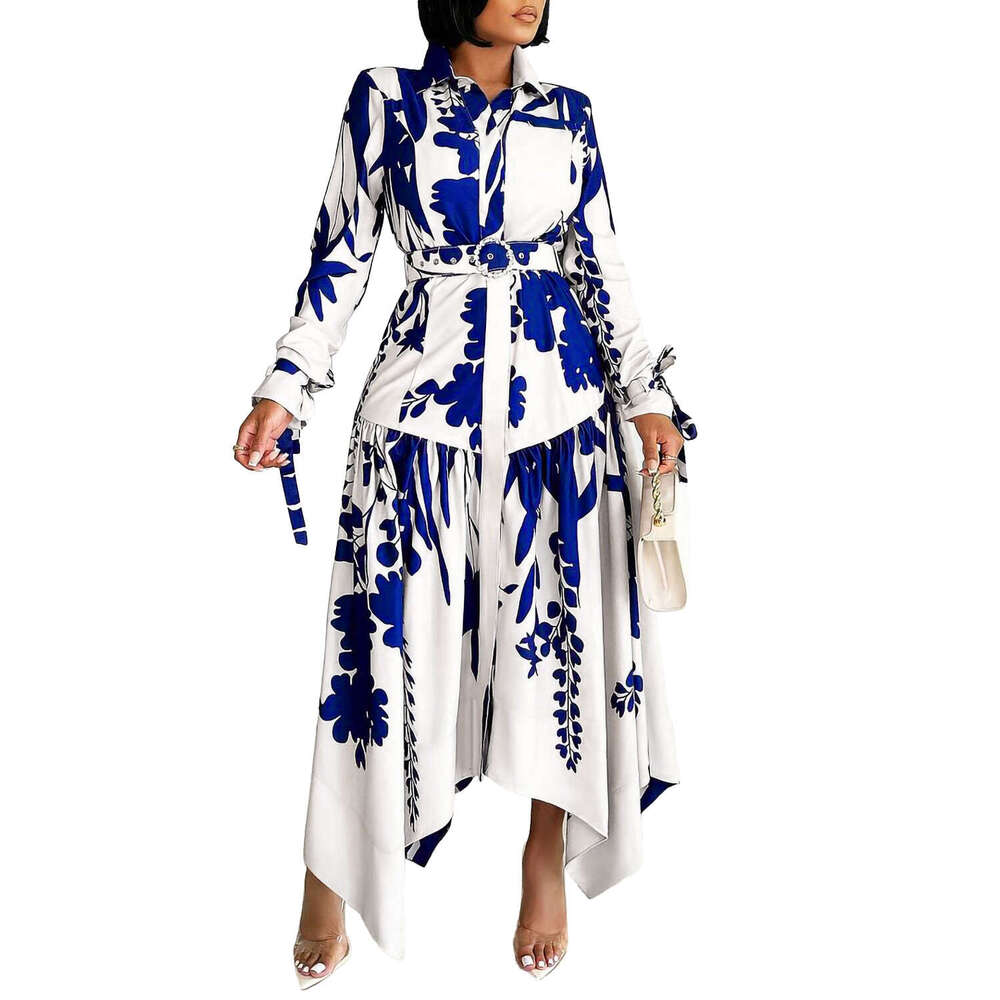 Maxi Dress D Large Women S New Temperament Printed Irregular Flip Neck Dress Floral Dress