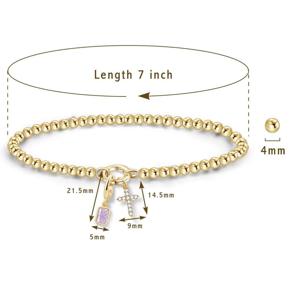 Dainty 14K Plated Cross Charm Stretchable Elastic Gold Beaded Stackable Trendy Birthstone Bracelet | Jewelry Gifts for Women
