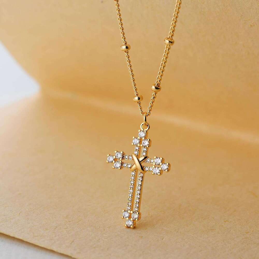 Multi layer golden women's gold-plated faith cubic zirconia cross pendant exquisite necklace prayer religious jewelry