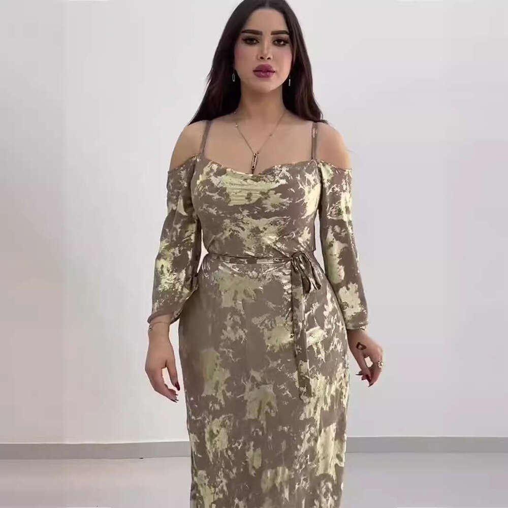 Maxi Dress Autumn New Printed Gold Plated Long With Suspended Shoulder Sleeves Dress Floral Dress