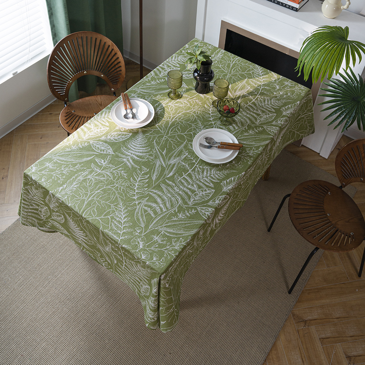 B380 Tablecloth Green Leaf Sketch Tablecloth American Style Rectangular Fabric Factory Direct Supply