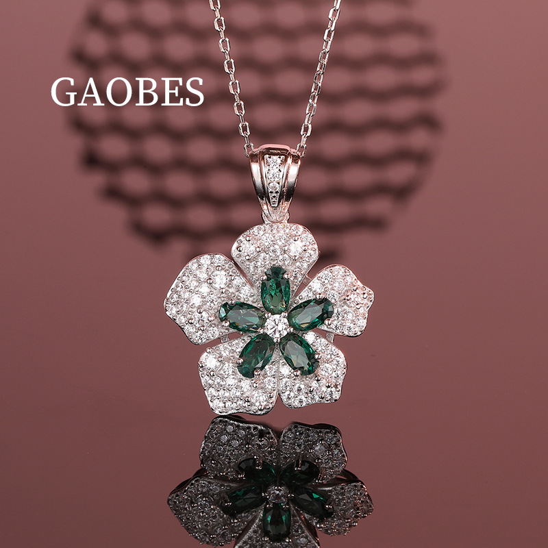 Fashionable 925 Sterling Silver Floral Necklace with Green Gemstone Pendant, Unique and Elegant Design for Women, Trendy and Versatile