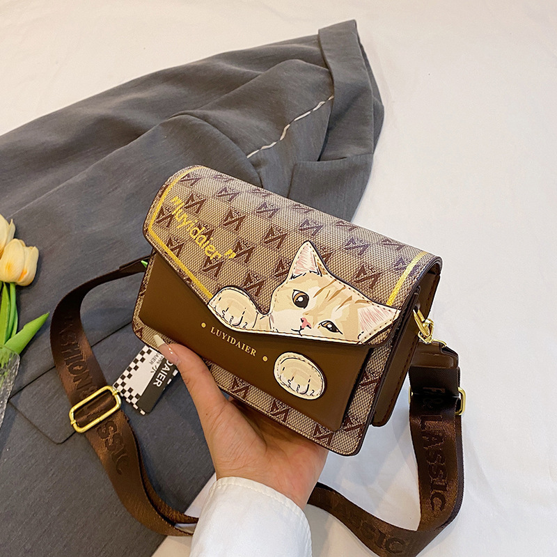 Free Shipping Designer Bag Women's Super Popular Trendy Handbag Fashionable Single Shoulder Crossbody Bag Cartoon Cat Wide Shoulder Strap Small S