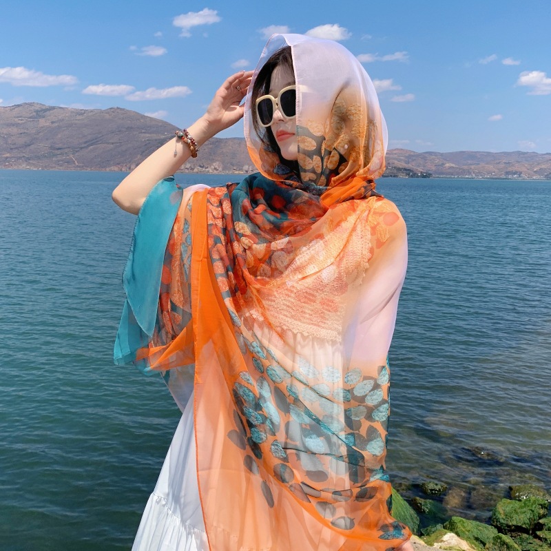 K823 Beach skirt seaside shawl 2024 new women's thin sunscreen outer wear ethnic style travel with skirt scarf silk