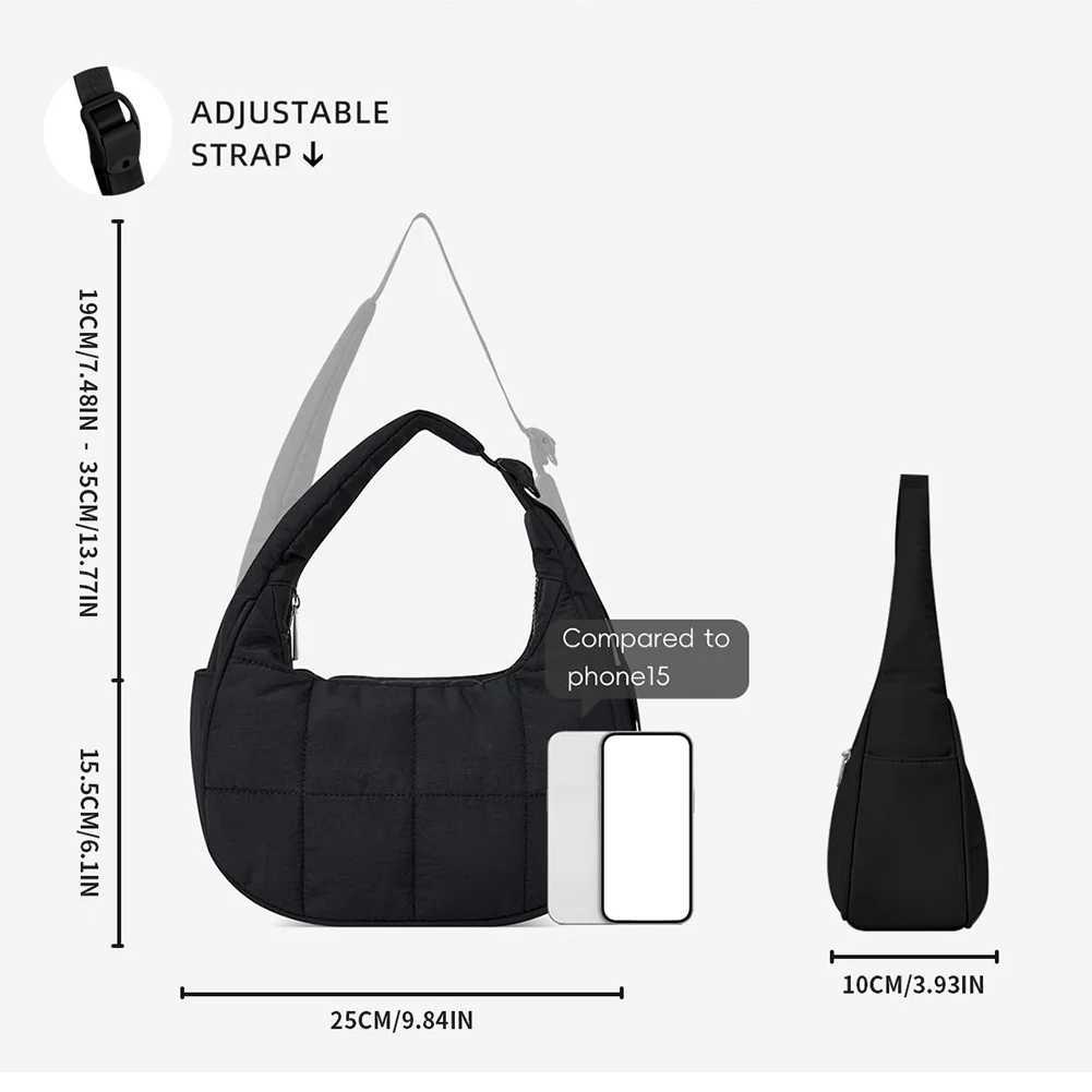 Puffer Shoulder Bag Nylon Adjustable Strap Crescent Bag for Women Quilted Handbag with Zipper Hobo Bag for Work Travel Z250524