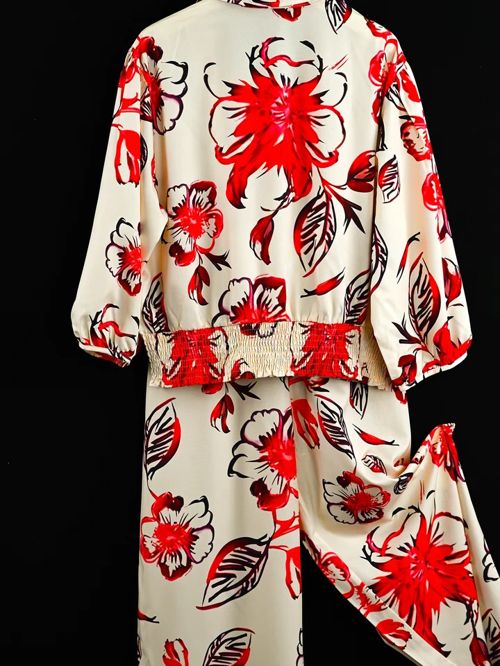 Womens Long Bottom CrossNeck Suit Bright Fashion Flower Print Pattern Waistcinching Short Top Plus Size Spring Summer 250513Z