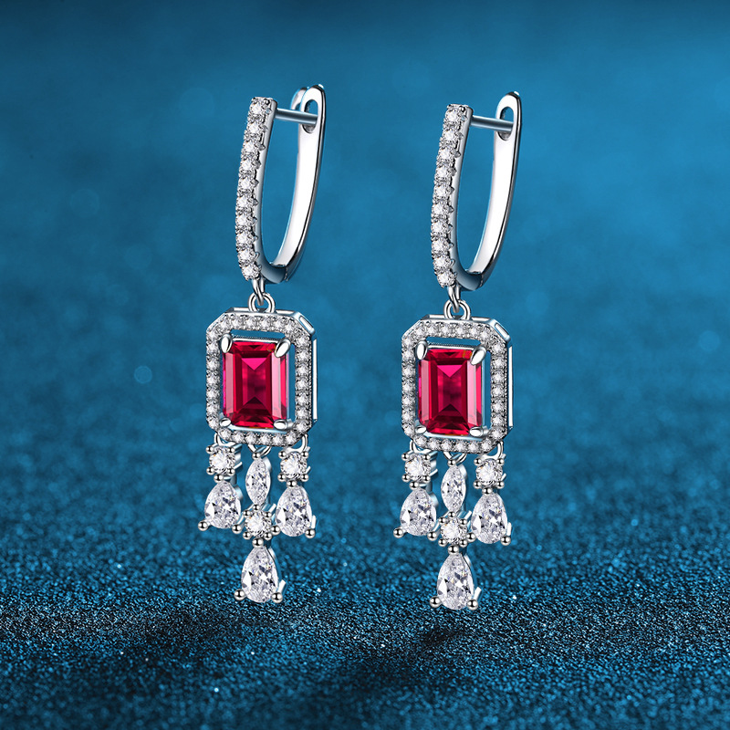 New 925 Sterling Silver Vintage Tassel Earrings with Emerald Green, Blue, and Red Classic Design, European and American Style Fashion Women's Dro