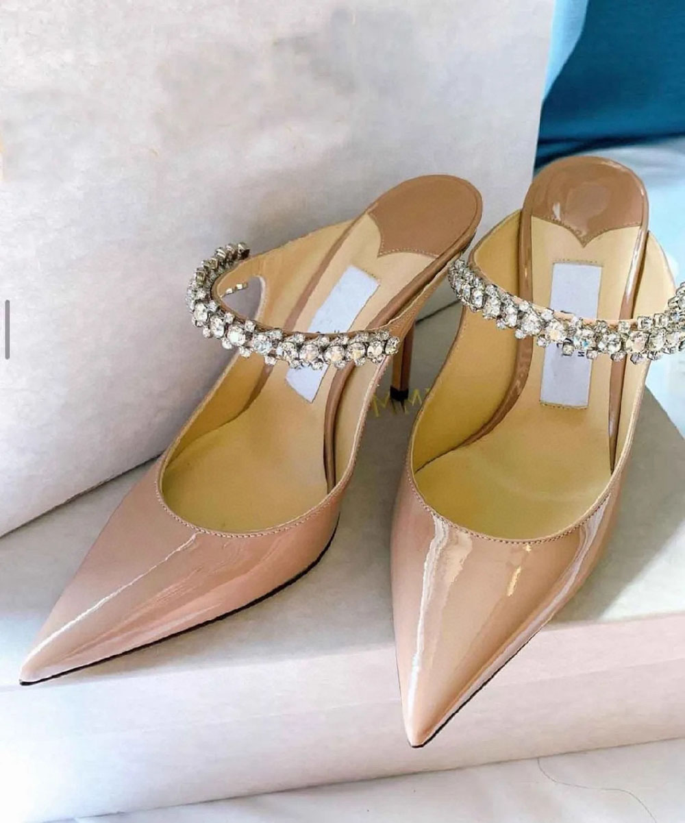 Stiletto Heel mules slippers crystal-embellished anklet Pointed toe Pumps shoes Rhinestone beaded sandals women Luxury Designers Party dinner shoes shoe With box