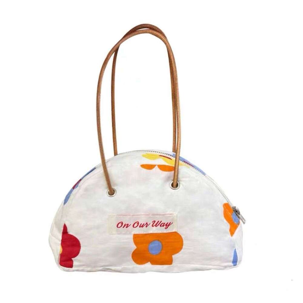 Cute Niche Half-Round Leather Strap Handbag Zipper Storage Student Denim Tote Bag