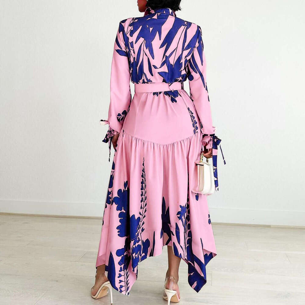Maxi Dress D Large Women S New Temperament Printed Irregular Flip Neck Dress Floral Dress
