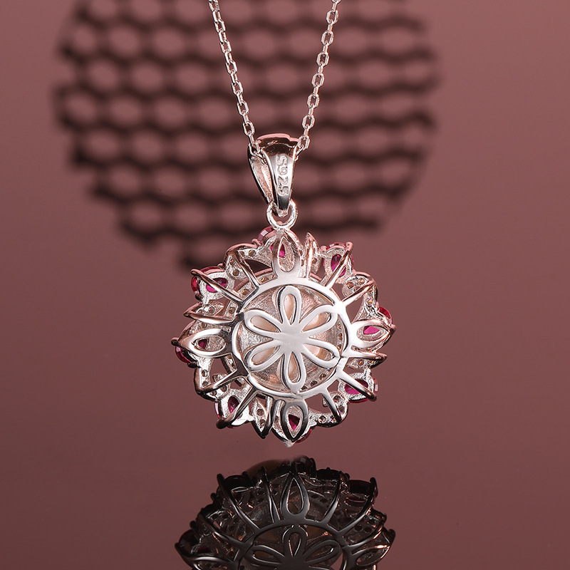 925 Sterling Silver Pearl Pendant Necklace, Women's Creative Design with Full Diamond and Ruby Accents, Elegant Jewelry for Parties, Perfect Gift