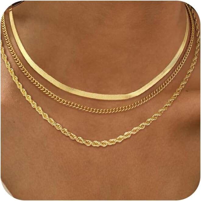 Layered Necklaces Stackable Chunky 14k Gold Cuba Snake Circle Paperclip Chain Simple Pendant Choker Herringbone Necklace Jewelry Set for Women giftss