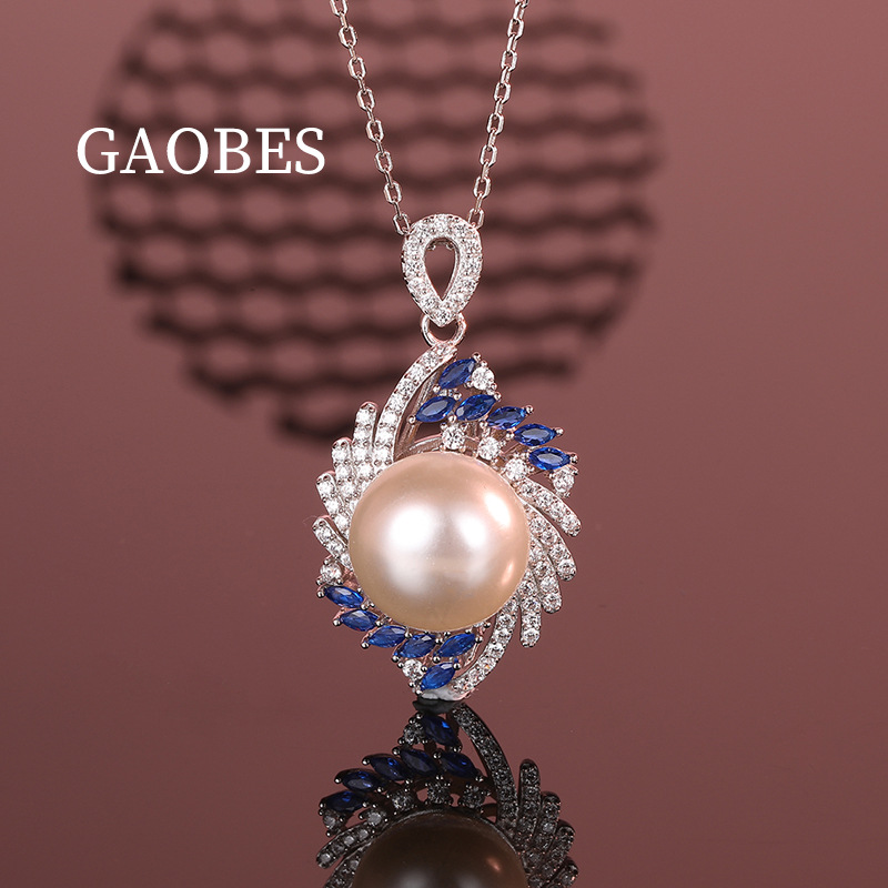 925 Sterling Silver Pearl Necklace with Blue Marquise Gemstone Pendant, Elegant and Minimalist Design for Women, Perfect for Everyday Wear
