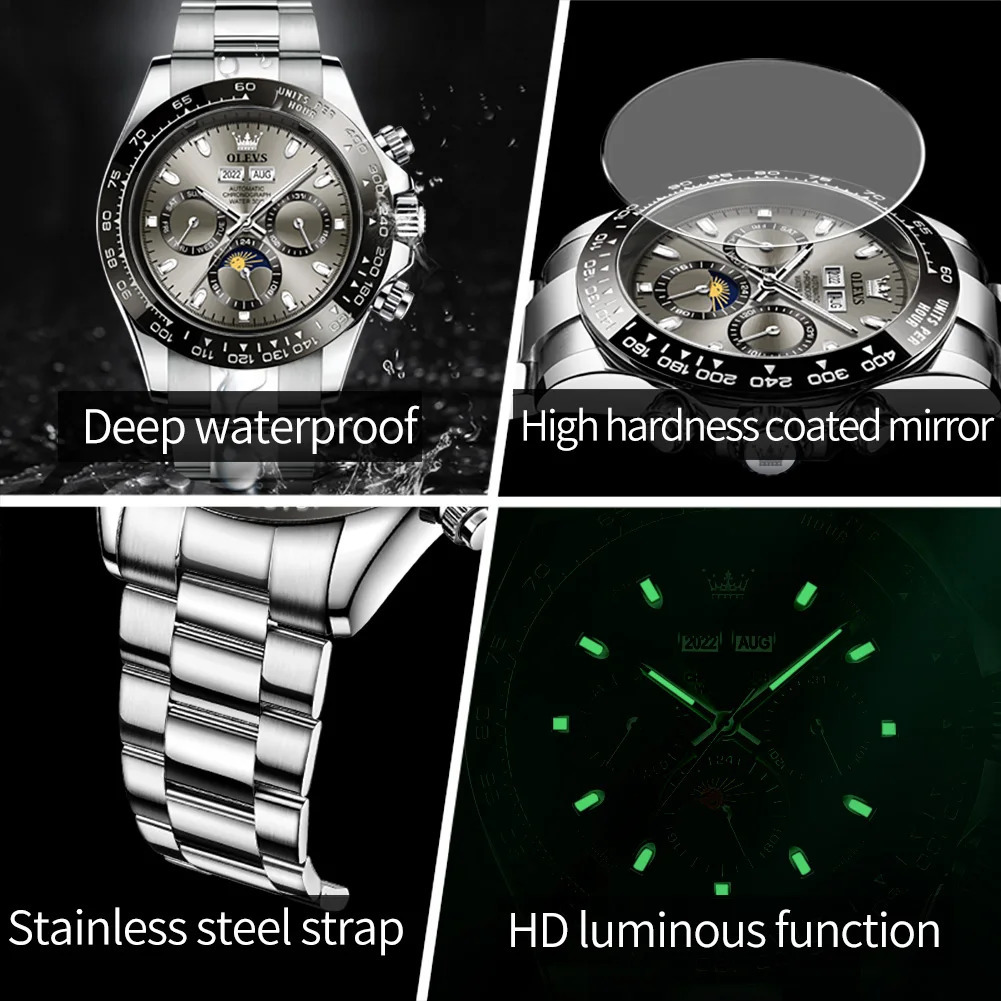 OLEVS 6654 Mens Watch Chronograph Automatic Mechanical Wristwatch Waterproof Luminous Top Watch for Man Date Sport 250603