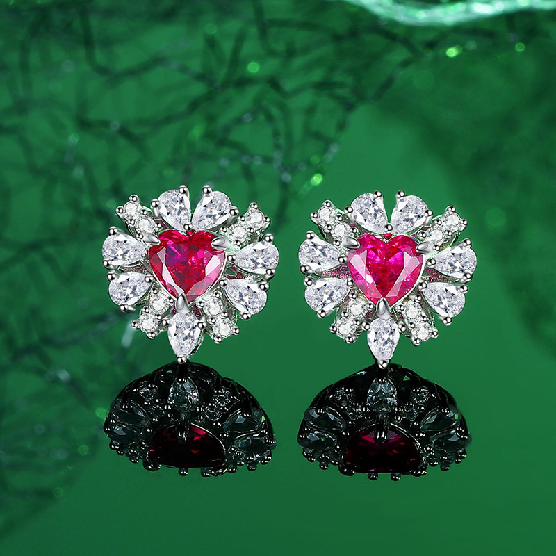 S925 Sterling Silver Heart-Shaped Red Ruby Jewelry Set with Necklace, Ring, and Earrings for Women - Elegant and Vintage Style