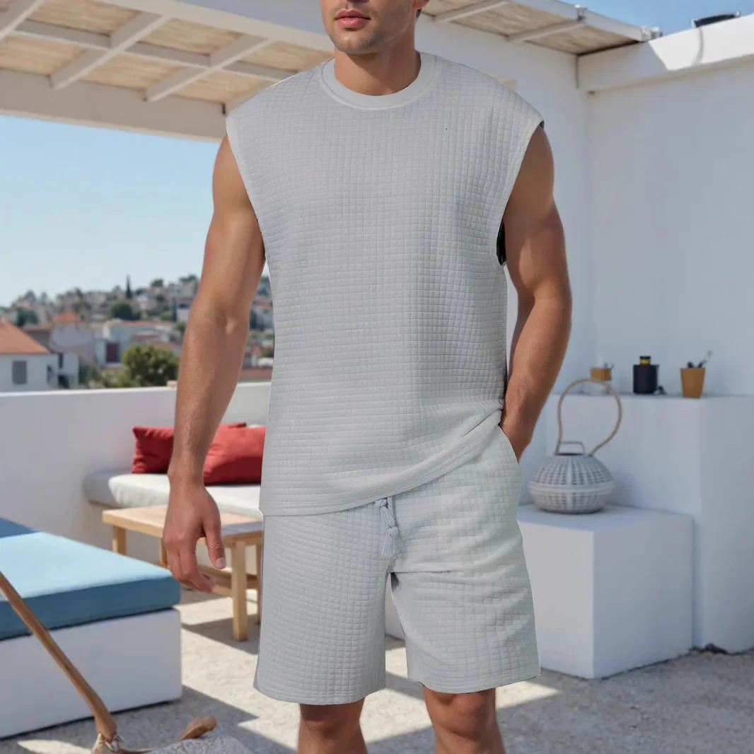 sleeveless small checkered vest and shorts twopiece set crossborder sports leisure solid color mens suit 250614