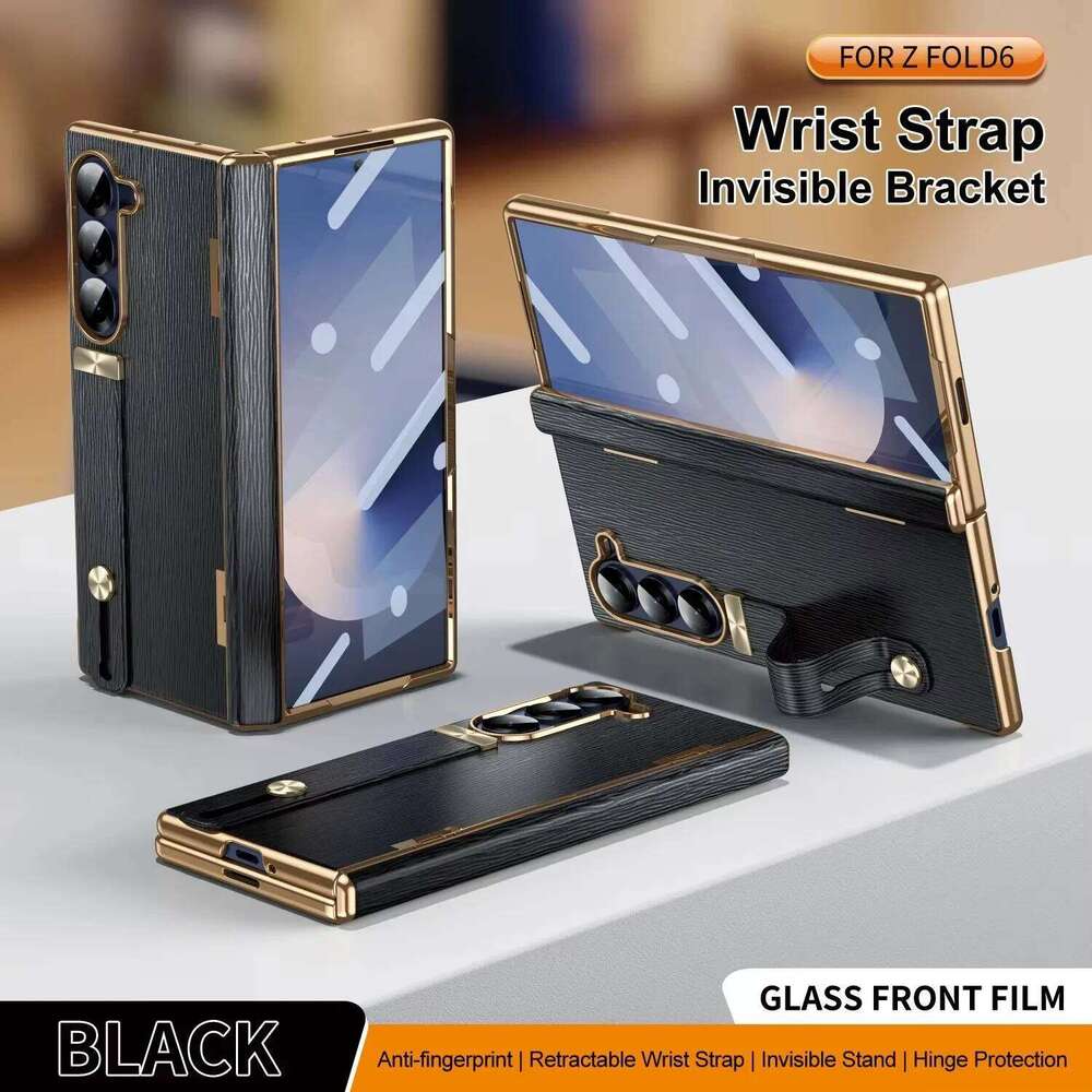 Leather Retractable Wristband Holder Phone Case for Samsung Galaxy Z Fold 6 3 4 5 Full Screen Protective Shockproof Cover