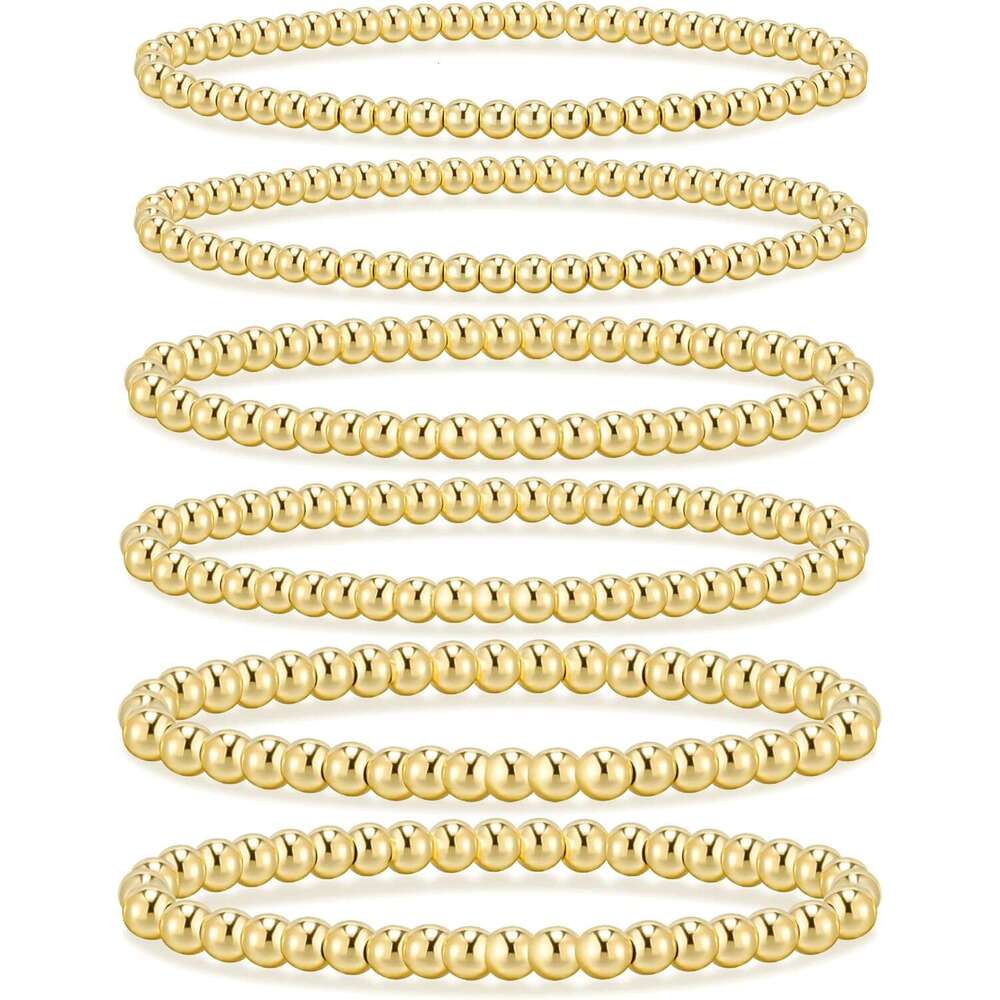 Women's 14K gold-plated bracelet, elastic bead ball bracelet stacking set, women's adjustable gold jewelry