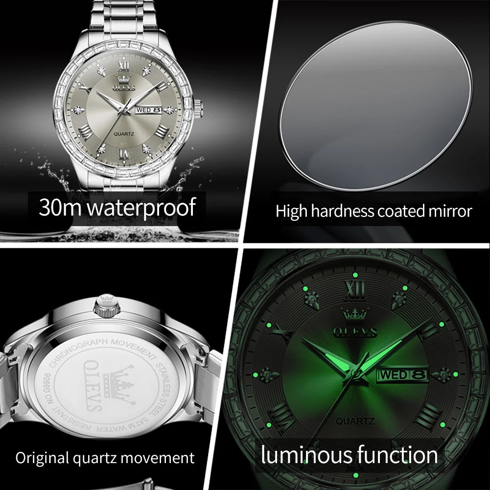 OLEVS 9906 Square Diamond Mens Quartz Watch Stainless Steel Strap Waterproof Dual Calendar Original Business Wristwatch 250603