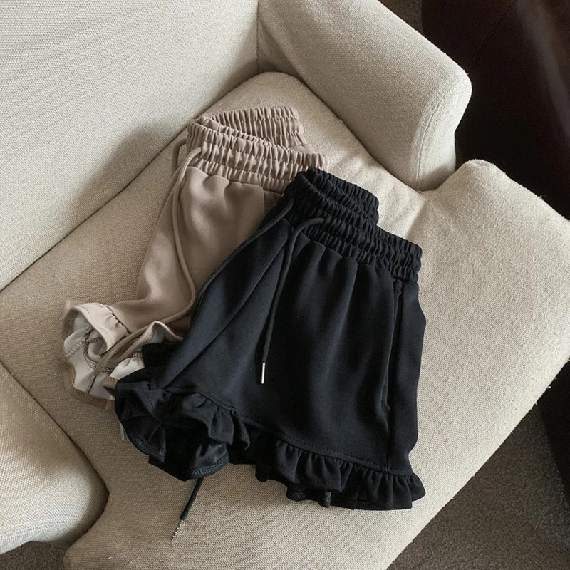 MEXZT Streetwear Black Shorts Women Fashion Ruffles Wide Leg Shorts Summer Korean High Waist Baggy Casual Sports Short Pants 250523
