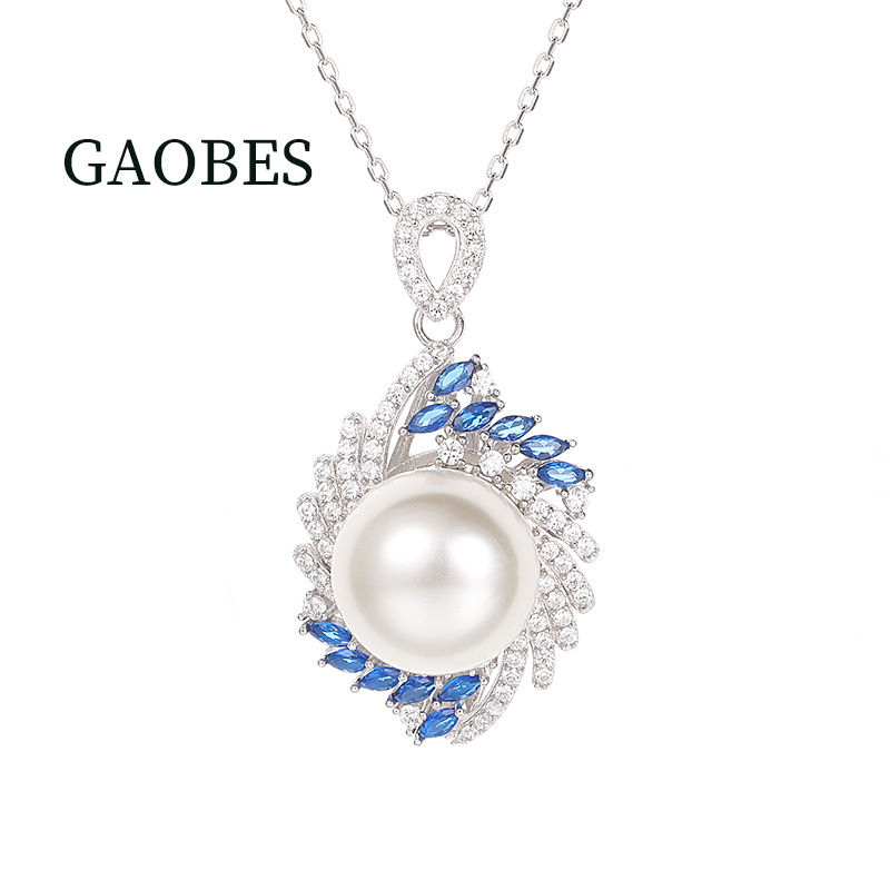 925 Sterling Silver Pearl Necklace with Blue Marquise Gemstone Pendant, Elegant and Minimalist Design for Women, Perfect for Everyday Wear
