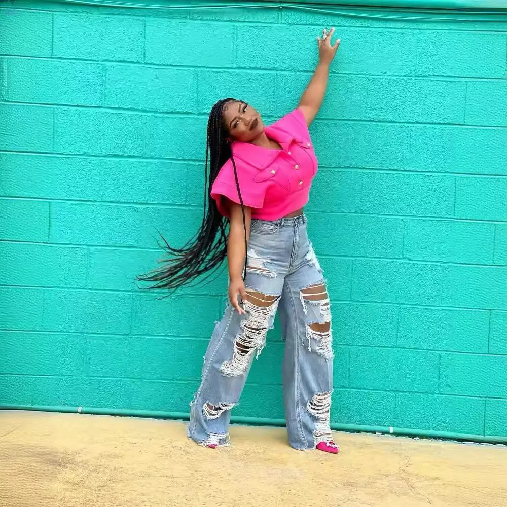 Jeans Women Long Pants Elegant Splice Denim Pant Slim Fit Sexy Hole High Waist Button Pocket Straight Trousers Summer Z260313