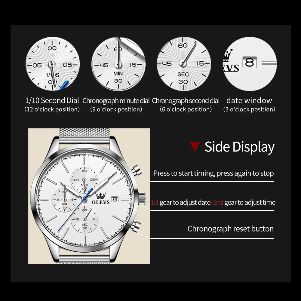 OLEVS 2881 Original Mens Watch Mesh Steel Strap Classic Small Dial Chronograph Calendar Wristwatch Quartz Watch for Man 250603